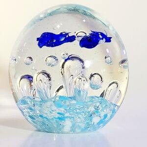 VINTAGE Handblown Glass Paperweight Ocean Themed Controled Bubble & Blue Fish